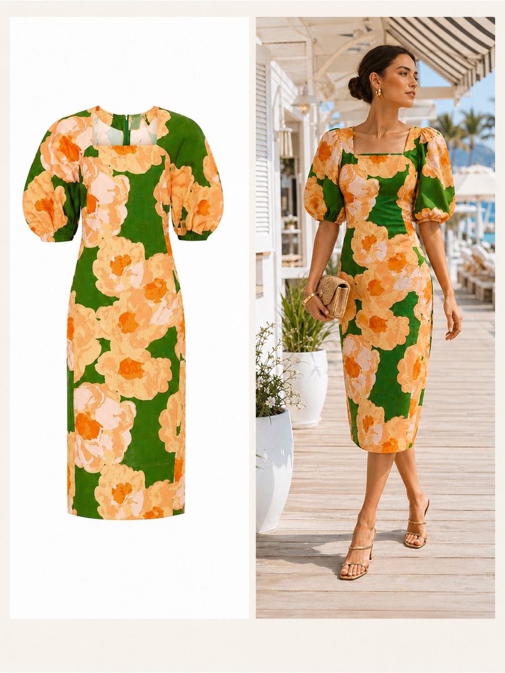 Eudon Choi Floral Linen Blend Puff Sleeve Midi Dress Green Orange Size 2